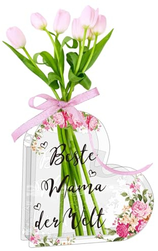 Wryzorix Geschenke für Mama,Beste Mama der Welt Herz Acrylic Vase für Blumen Geschenk,Muttertag Decoration Geburtstagsgeschenk Flower Vase,Passend für Tulpen, Blumenstrauß
