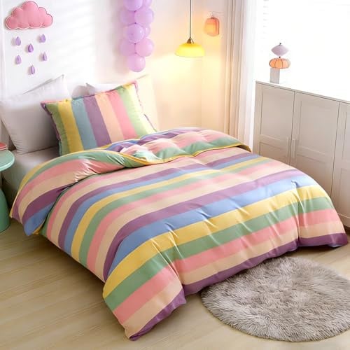 Umllpet Kinder Bettwäsche Set 135x200, Mädchen Bettwäsche Kinderbettwäsche Mehrfarbig Regenbogen Streifen Bettwäsche mit Kissenbezug 80x80cm, Schlafzimmer Geschenke Kinder