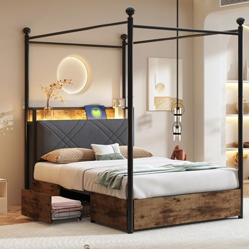 Zravenna Stauraumbett Himmelbett 90x190 mit Schubladen, Multifunktionales Gepolstert Kopfteil mit Einlegeböde Stauraum, abnehmbaren Eisen-Bettpfosten,Jugendbett Einzelbett (Schwarz)