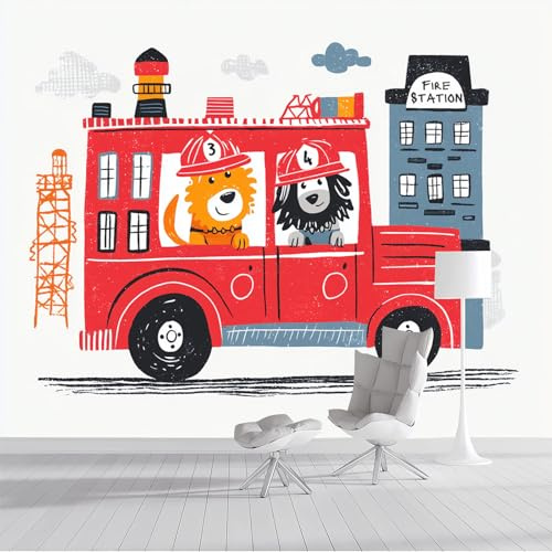 Seide Fototapete Kinderzimmer 400x280cm, Fototapete Löwe Fährt Feuerwehrauto, Zeichentricktier Wandtapete Tapete 3D Effekt Für Jungen Und Mädchen Kinderzimmer, Rot