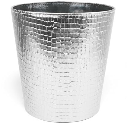 Emartbuy Luxury Croc Texture Faux Leather Dustbin Stylish Waste Bin- Silver | Premium construction ideal for interiors. Perfect for bedrooms, bathrooms, offices, living rooms, and enhancing décor appeal.