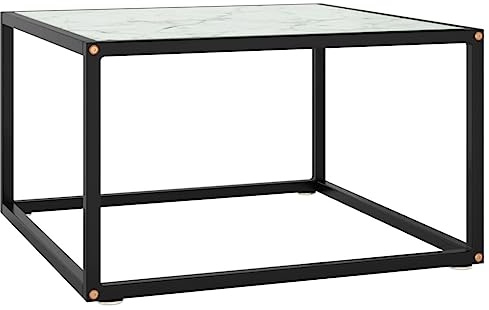 QUAHEAS Table basse noire avec verre blanc aspect marbre 60 x 60 x 35 cm, table de salon carrée en verre trempé et acier, table d'appoint moderne pour votre maison