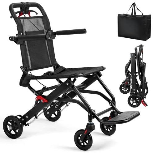 schmaler rollstuhl für die wohnung,Ultra-Leicht Transportstuhl (8kg),Klappbarer Rollstuhl aus Aluminiumlegierung für Erwachsene, 130kg Tragkraft, mit Sicherheitsgurt & Koffer