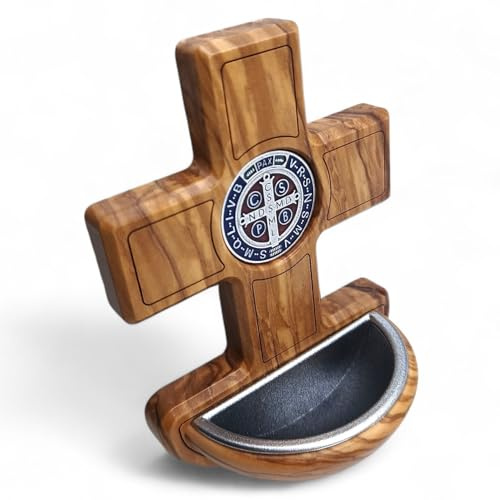 OVUNQUE PROTEGGIMI Acquasantiera in Legno di Ulivo con Medaglia di San Benedetto, Croce da Parete 9x13 cm