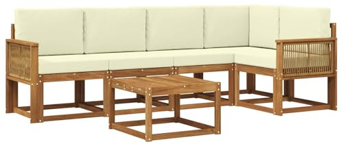 vidaXL Outdoor-Sofagarnitur 6 pcs Natur und Creme Massivholz Akazie, Outdoor-Ecksofa, modernes Lounge-Set für Garten, Robustes Sitzmöbel für Terrasse, Entspannen