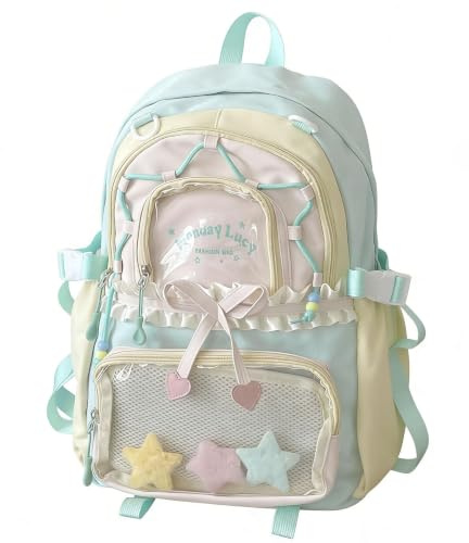 JIABAOZ Ita Bag Rucksack für Mädchen, Kawaii Y2K Rucksack mit Transparentem Sichtfenster, Große Kapazität, Schulrucksack für Schule, Reisen, Freizeit und Alltag (Grün)