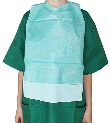 Medi-Inn+ Einmal-Esslätzchen 64 cm x 36 cm | 50 Stück | Esslatz mit PE-Beschichtung und praktischer Auffangtasche | für Erwachsene, Senioren oder Kinder I Farbe grün