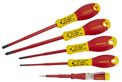 STANLEY XTHT0-62693 - Juego 5 destornilladores FatMax VDE con punta reducida. Electricista 3.5x75mm, 5.5x150mm; Pz1x100mm, Pz2x125mm, Test de voltaje