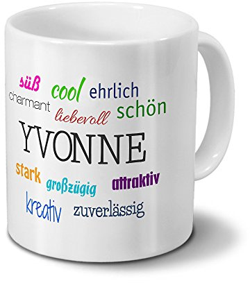 printplanet Tasse mit Namen Yvonne - Positive Eigenschaften von Yvonne - Namenstasse, Kaffeebecher, Mug, Becher, Kaffeetasse - Farbe Weiß