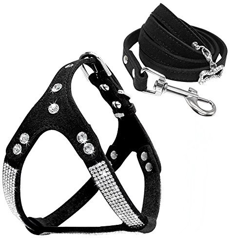 Beirui Hundegeschirr-Set aus weichem Wildleder, mit Leine und glitzernden Kristallwesten 122 cm langer für kleine mittelgroße Katzen, Chihuahua, Pudel, Shih Tzu, schwarz, Brust 43,2–49,5