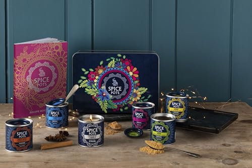 Indian Spice Box Gift Set by Spice Pots - 5 x 40g Spice Blends Plus Indian Cookbook & Cook’s Candle - Spice Tin with Curry Powder - Gifts for Men & Women/Curry Kit/Vegan Gifts