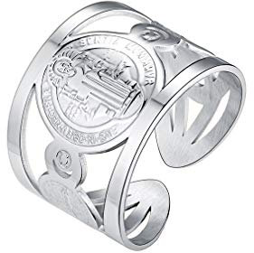 FaithHeart Edelstahl Ring Herren Saint Bendict Ring verstellbare Ring mit Geschenkebox für Damen und Herren