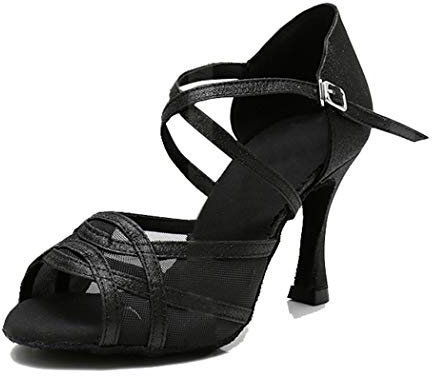 MGM-Joymod Zapatos de Baile Latino Modernos para Mujer de Malla con Purpurina Puntera Abierta Salsa Tango salón de Baile para Boda Fiesta,TH1236 Negro Glitter 9cm Tacón,37.5 EU
