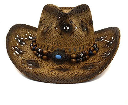 LTSWEET Herren Damen Cowboyhut Stroh Western Cowboyhut Naturstroh Sommer Breiter Krempe Strandkappe Outdoor Camping Sonnenhut UV-Schutz Unisex Erwachsene,Braun