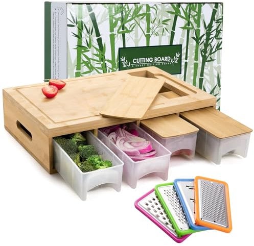 SHINESTAR Cutting Board with Containers, Sturdy Meal Prep Station for Kitchen, Includes 4 Graters, Cutting Board with 4 Trays - Easy Food Storage