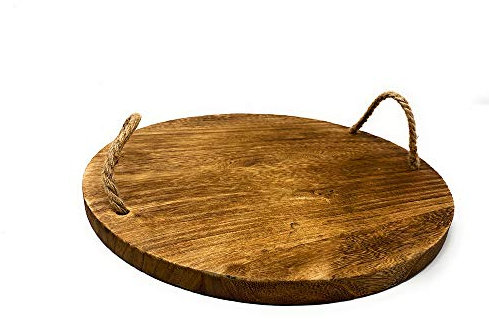 Vetrineinrete® Vassoio in Legno per aperitivo con Manici in Canapa Tagliere per servire Finger Food antipasti (Rotondo Ø 35 cm) P34