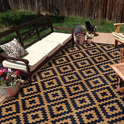 SAND MINE Wendbare Matten, Kunststoff-Strohteppich, moderner Teppich, große Bodenmatte und Teppich für Outdoor, Wohnmobil, Terrasse, Hinterhof, Deck, Picknick, Strand, Schwarz & Braun, 2.7x4.7 m
