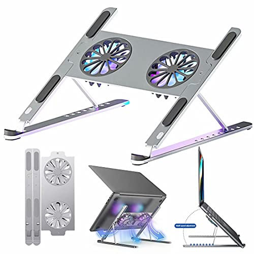 HGTRH Laptop Ständer Belüftung, Notebook Ständer Aluminium Faltbar, Notebook Ständer Halterung Riser 8 Stufe Höhenverstellbar Kühlständer Mit 2 Lüfter Für Die Meisten 14-17 Zoll Laptops