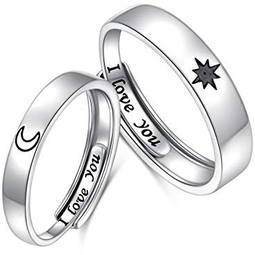 HOOHWE Couple Ringe S925 Sterling Silber Partnerringe Verlobung Promise 2In1 Ich liebe dich Sonne und Mond Paar Ringe für Damen Männer Einstellbares Herz ringe
