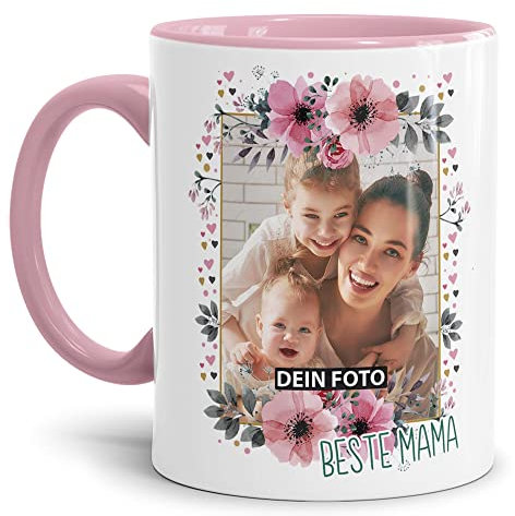 Keramik Tasse - Beste Mama - mit Foto selbst gestalten - Geschenk für die beste Mama, Muttertag, Weihnachten I Personalisiert, Innen & Henkel Rosa, 300 ml