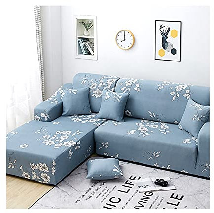 Daesar Überwurf für Sofa Polyester Elastisch, Sofahusse Ecksofa 3 Sitzer Blumen Muster Blau Couch Überzug Wasserdicht 235-300