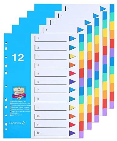 [5 Stück]12-teiliges Register für Ordner A4 1-12,Farbig Ordner Trennblätter aus PP für Schule, Büro