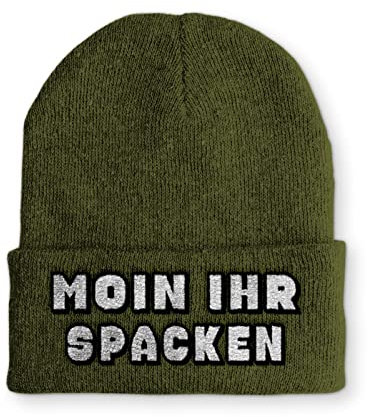 Moin ihr Spacken Statement Beanie Mütze für Damen und Herren, Farbe: Olive
