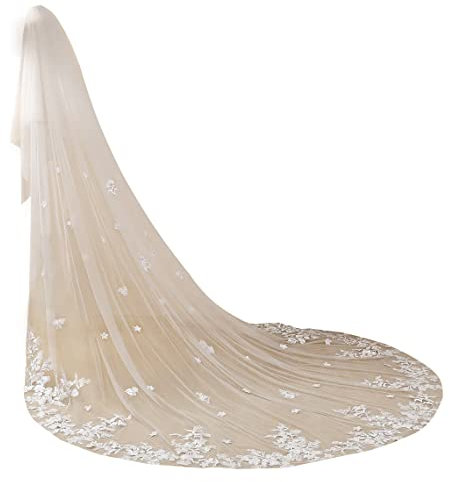 EllieWely Lange 2 Tier Spitze Hochzeit Brautschleier mit Metall Kamm F02, Elfenbein, Royal length 138