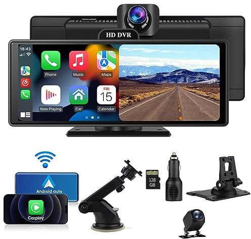 Hizpo Estéreo portátil para automóvil Pantalla HD IPS de 9.3 con cámara de Tablero 4K Carplay inalámbrico | Android Auto inalámbrico, Bluetooth, FM, DVR, GPS, Receptor para automóvil (P9002+128GB)