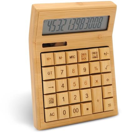 Yunseity Taschenrechner aus Bambusholz, 12-stelliger Tischrechner mit LCD-Display und Großen Tasten, Batteriebetriebener Solar-Basisrechner für Büro, Schule und Unternehmen