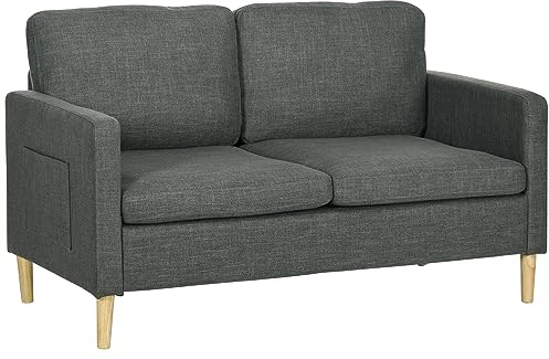 HOMCOM 2-Sitzer-Sofa im zeitgenössischen Stil Taschen an den Armlehnen Holzbeine Stoffbezug in Leinenoptik - grau