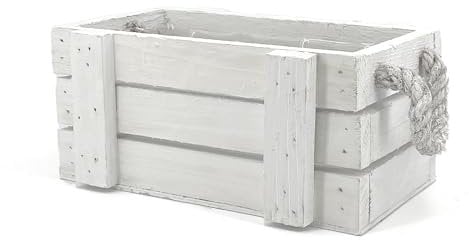 Fioriera Da Esterno Rettangolare Bianca In Legno Con Manici In Corda E Rivestimento In Plastica | Misure 26x15x10 cm | Ideale Come Fioriera Da Balcone, Portavaso O Coprivaso Per Piante Da Interno