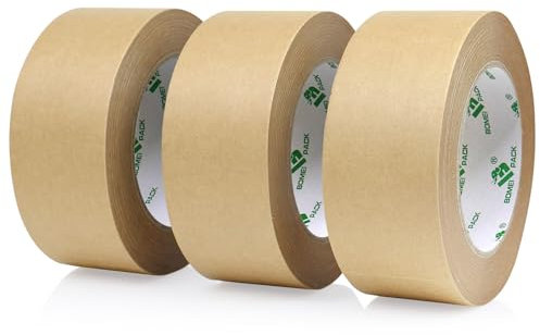 BOMEI PACK 3 Rolls Brown Kraft Tape Writable Recyclable Paper Box Tape Non PE Surface Coated Self Adhesive Sticky Paper Sealing Tape for Moving Cardboard Box Packing 50mm x 50m
