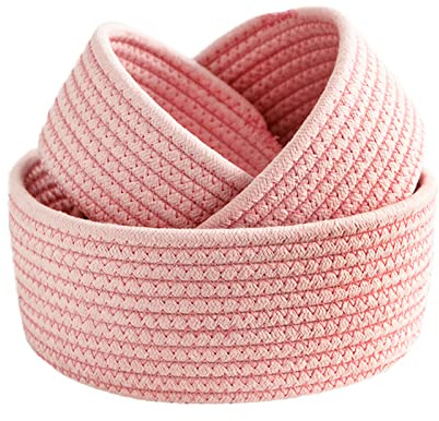 JYCRA 3Pcs Cotton Rope Storage Baskets Small Pink Woven Organizer Bins for Desktop Decorative Round Cotton Rope Basket Trays for Entryway Jewelry Keys Storage(#3)