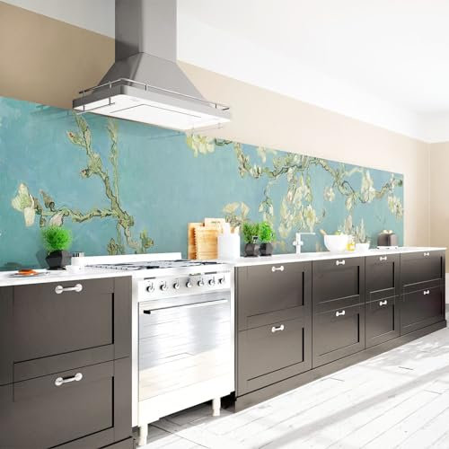 Arcondo Küchenrückwand Spritzschutz Selbstklebend mit Motiv Van Gogh Mandelblüte Folie Eco Matt 100 x 60 cm