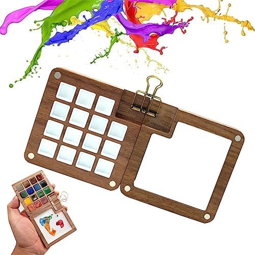 YAANBUNB Portable Sketchbook Palette, 15 Grid Empty Watercolor Palettes Wooden Mini Travel Paint Palettes Magnetic Palette Box with Clip for Painters Artists