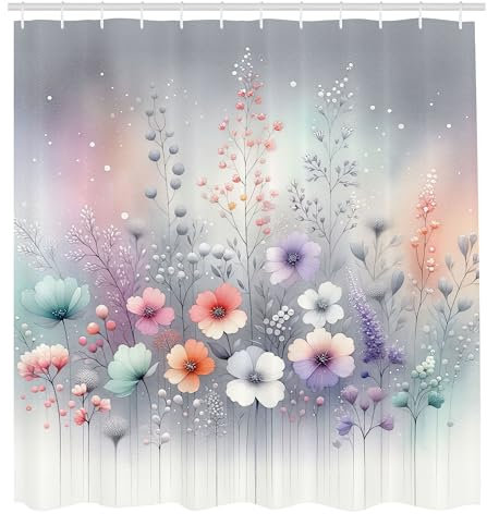 ABAKUHAUS Blumig Duschvorhang, Winter Fantasy Thema traumhafte Atmosphäre und blühende zarte Blumen, Stoffliches Gewebe mit Haken, 175 x 200 cm, Blasses Grau Meeresschaum Flieder