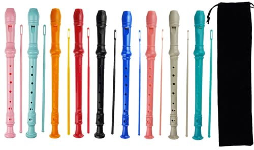 Kasteco 9 Pack German Style 8 Hole-3 Piece Descant Soprano Recorders with Cleaning Rod, Black Storage Bag, ABS Material (9 Colors)