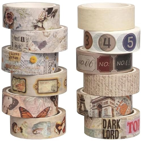 Songdao Vintage Washi Tape Set 12 Rollen Breit Dekorative Antik Karte Stempel Zeitung Masking Tapes Klebeband Bunt für Kunst, DIY Handwerk, Tagebuch, Planer, Scrapbook, Verpackung