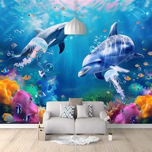 250x175cm Fototapete, Meerestiere Fische Delfine Vlies Tapeten, Selbstklebende Tapete für Wohnzimmer & Schlafzimmer, Blau Dekoration Fototapete