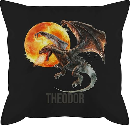 Kissen 50x50 - Feuerdrache mit Name | Drachenmotiv | Drache | Drachenliebhaber - 50 x 50 cm - Schwarz - Drachen Dragon Pillows Dragons und kopfkissen personalisierte Kinder Bedrucken Drauf