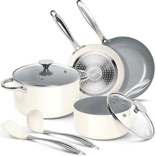MICHELANGELO Pots and Pans Set - Nonstick Ceramic Cookware Set, 8-Piece Healthy Cooking Set, Non-Toxic, Oven Safe & Compatible with All Stovetops - White and Grey