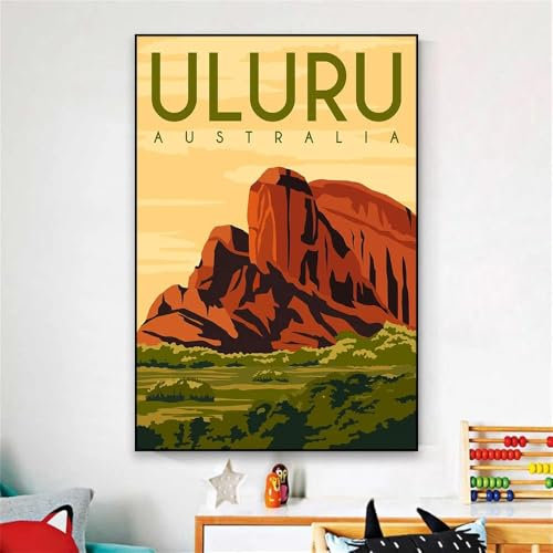 SHINERING Vintage Uluru Reise Poster Australien Stadtbild Wand Kunstdrucke Retro Landschaft Büro Reise Leinwand Malerei Leseraum Dekor 60X80Cm Kein Rahmen