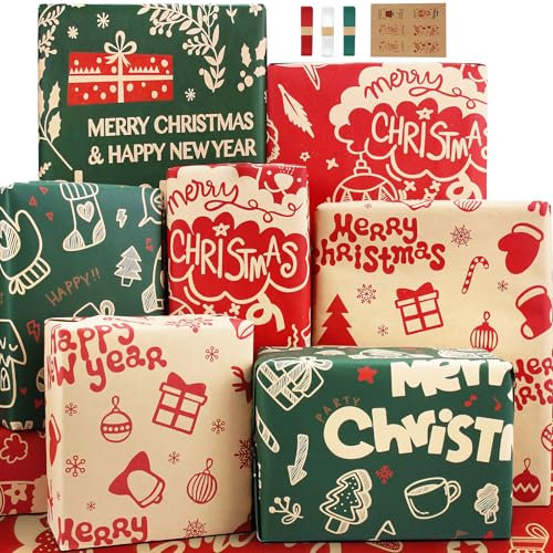 Geschenkpapier Weihnachten Frauen Mädchen Jungen Männer,Weihnachts Geschenkpapier Bögen,Grün Rot Weihnachtspapier Geschenkpapier öko,Packpapier Weihnachten Kraftpapier Weihnachtsgeschenkpapier Set
