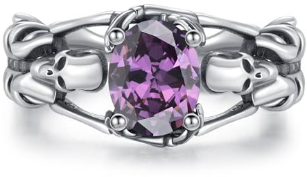 Offener Totenkopf Ring für Damen Sterling Silber Gothic Totenkopf Schwarze Kristallringe Halloween Cosplayer Ring Rock Punk Schmuck Geschenk für Frauen und Mädchen (Lila)