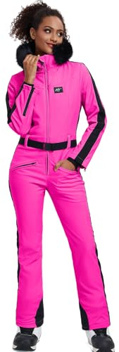 ALSOGO Tuta Da Sci Donna Un Pezzo Snowsuit Isolato Impermeabile Antivento Outfits Da Neve Jumpsuits Con Colletto Di Pelliccia Rimovibile, rosso rose, S