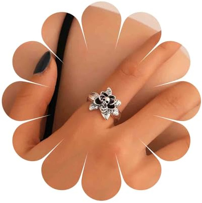 Aneneiceera Vintage Schädel Kopf Ringe Filigrane Blume Band Ringe Gothic Ringe Punk Silber Skelett Ring Handschmuck Für Frauen