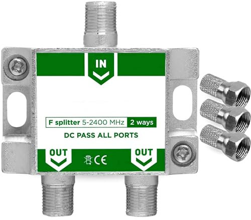 TECHZOCO Repartidor de 2 Salidas, Distribuidor 2 Salidas, Repartidor Serie Class A, 5-2400 MHz, Apto para Bandas de frecuencia Dab, FI, FM, UHF, VHF, Incluye 3 Conectores F, 2 Salidas