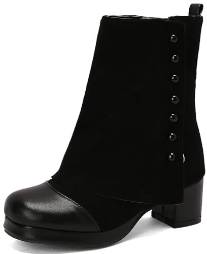 MJIASIAWA Donna Punta Rotonda Moda Denim Stivali Chelsea Block Tacco Medio Comodo Plateau Inverno Con Risvolto Stivaletti Zip Nero-S Numero 35 Eu