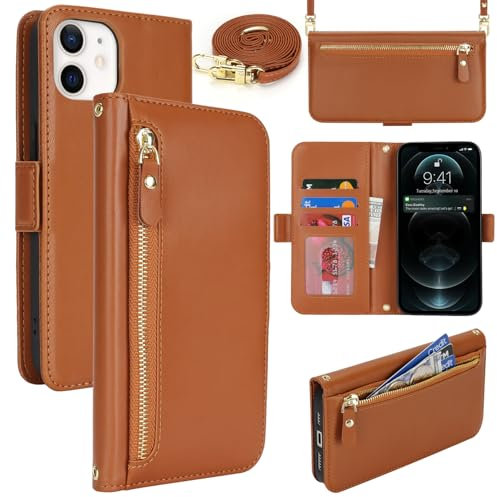 Lipvina Handyhülle für iPhone 12/12 Pro mit praktischem Band und Kartenfach - stilvolle Klapphülle mit Handykette aus hochwertigem Leder Hülle für iPhone 12/12 Pro - Braun